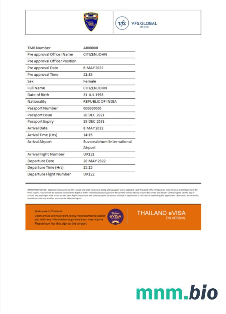 Szablon e-visa do Tajlandii